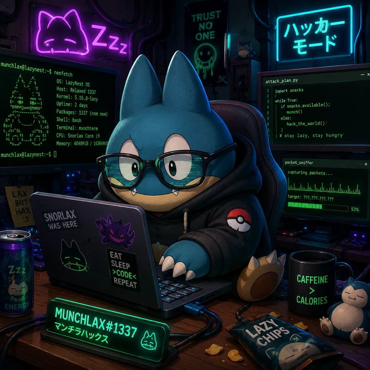 MunchSec hacker mascot in a neon cybersecurity lab